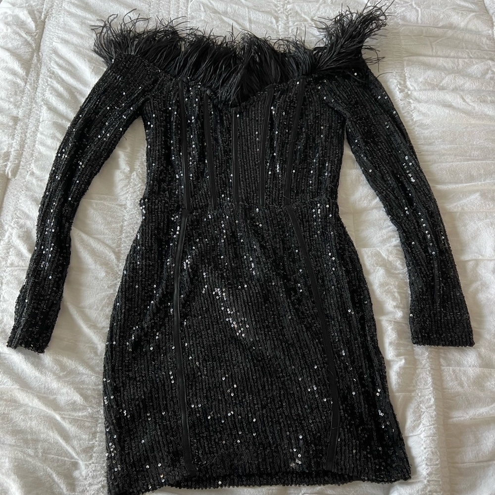 Black mini sequin dress with feather neckline. Worn once!
